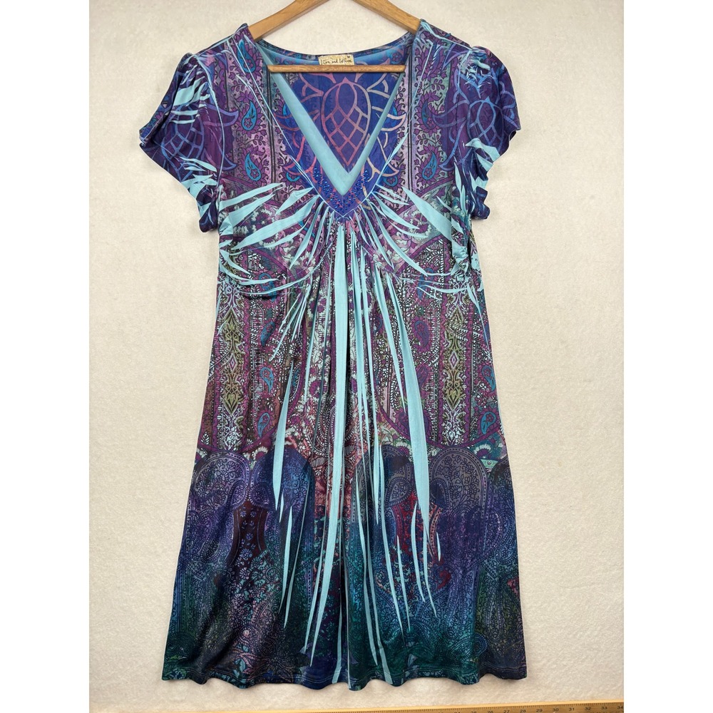 Live and Let Live Dress Womens Medium Paisley Beaded V Neck Boho